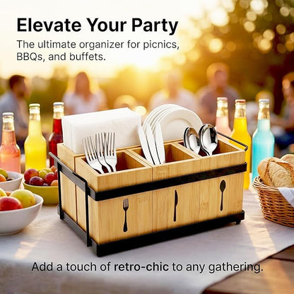 Silverware Caddy Wooden Silverware Holder Cutlery Storage Organizer Paper Plate Dispenser Flatware Cutlery Holder for Party Utensil Caddy for Spoons Forks Napkins Plates