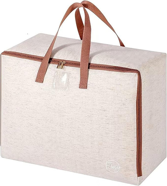 50L Storage Bag for Clothes, Comforters, Blankets, Bedding, Pillows, Stuffed Toys, Jackets with Sturdy Handles, Clear Label Tag, Zippered, for use at Home, Travel or Move, 20x15x10 (Beige, Medium)