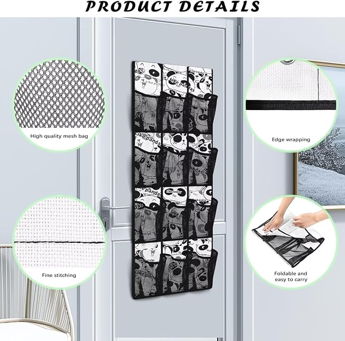 12 Pockets Shoe Organizer Over The Door Large Pockets Cartoon Panda Over The Door Closet Organizer Easy to Install Shoe Holder Hanger for Living Room