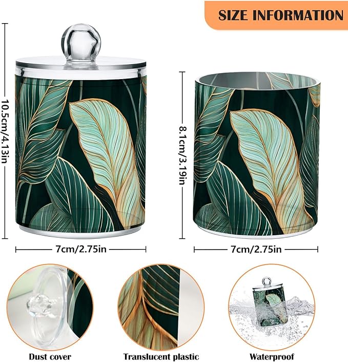 2 Pack Cotton Ball and Swab Organizers with Lid Elegant Leaf Print, Plastic Jars Set Bathroom Canisters Storage Organizer