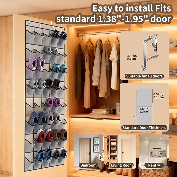 Over the Door Shoe Organizer with 40 Large Pockets, Multi-Purpose Storage for Shoe and Accessories, Durable Fabric with Adjustable Hooks for Home Closet Bedroom Entryway-Grey