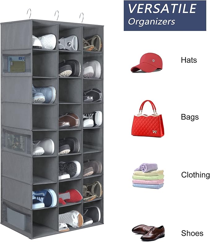 Libeder 24 Section Hanging Shoe Organizer for Closet, Hanging Closet Organizers with 6 Side Mesh Pockets, Shoe Storage Hanging Shoe Rack, Space Saving Shoe Holder, Grey