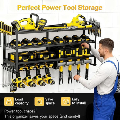 Heavy Duty 4-Tier Wall Mount Tool Rack, 8-Drill Holder & Charging Station, 400lb Load Shelf for Garage Workshop Organization