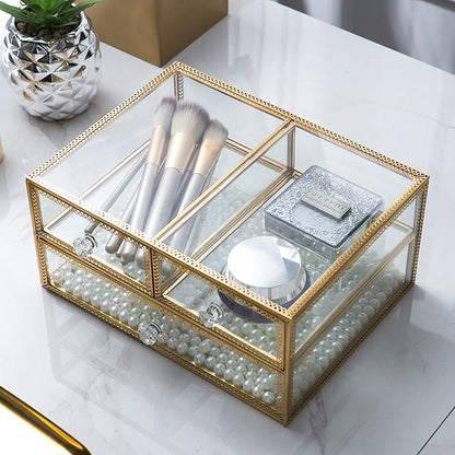 Vellon Gold Glass Box Makeup Organizer, Glass Jewelry Drawer, Vintage Jewel Organizer, Desktop Cosmetic Storage, Makeup Container, Keepsake Case with Golden Lace Decoration, 2 Tiers