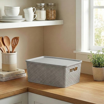 BINO | Plastic Storage Baskets with Lids, 15.5 Liter - 3 Pack, Natural Grey | THE WOVEN COLLECTION | Storage Basket for Shelves | Woven Storage Baskets for Organizing Bins | Pantry Shelf Organizer Bin
