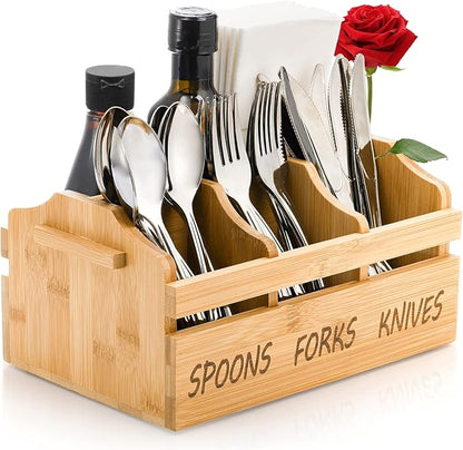 Yesland Silverware Holder Caddy, 4 Compartments Wooden Utensil Holder Flatware with Handle, Bamboo Cutlery Holder Organizer Containers for Party, Kitchen Countertop, Forks, Spoons, Knives, Napkins