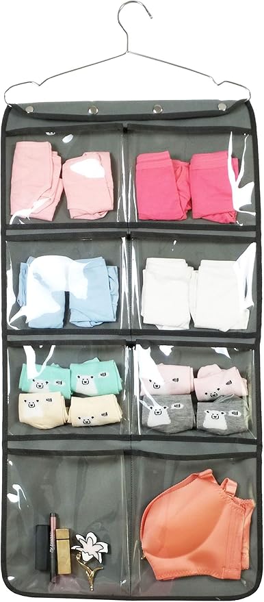 NIMES Durable Hanging Closet Underwear Sock Bra Stocking Organizer Dual-Sided Accessories Storage with 16 Large Clear Pockets (Grey)