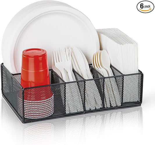 Paper Plate Organizer for Countertop, Metal Silverware Caddy for Cup, Napkin, Fork, Spoon, Paper Plate and Utensil Holder, Cutlery Caddy for Party, Camping, Picnic (Black)