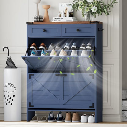 Shoe Storage Cabinet with Deodorizing Function, Farmhouse Narrow Hidden Shoe Rack Organizer Cabinet with 2 Flip Drawers & 2 Storage Drawers for Entryway, Hallway, Living Room, Blue