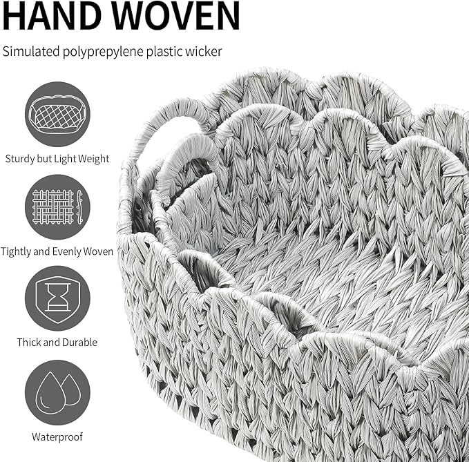Coeusy Wicker Scalloped Basket Set of 2,Woven Storage Baskets for Shelves,Closet,Laundry,Gift,Towels,Books,Toys,Waterproof Cute Decor Basket for Organizing,Grey
