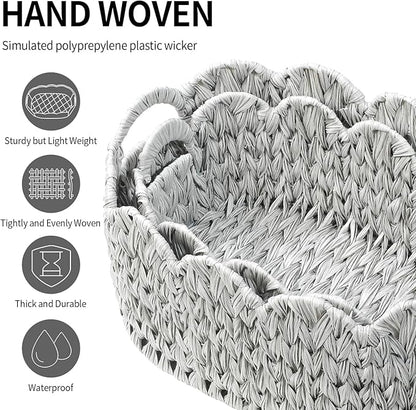 Coeusy Wicker Scalloped Basket Set of 2,Woven Storage Baskets for Shelves,Closet,Laundry,Gift,Towels,Books,Toys,Waterproof Cute Decor Basket for Organizing,Grey