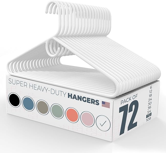 Super Heavy Duty Clothes Hangers 50+ Pack (72 Count) – Made in the USA - 10lb Capacity, Thick Plastic Hangers for Pants, Coats, Jackets, Jeans and Adult Clothing – White