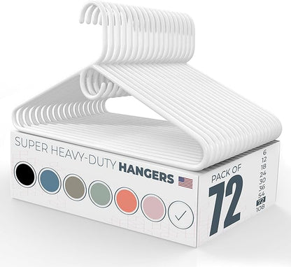 Super Heavy Duty Clothes Hangers 50+ Pack (72 Count) – Made in the USA - 10lb Capacity, Thick Plastic Hangers for Pants, Coats, Jackets, Jeans and Adult Clothing – White