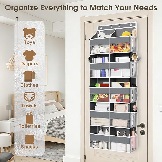 5 Tiers Over The Door Organizer Storage, 88lbs Weight Capacity Behind the Door Storage of 10 Compartments & 10 Mesh Pockets, Hanging Doors Storage Organizer for Shoes, Clothes,Pantry