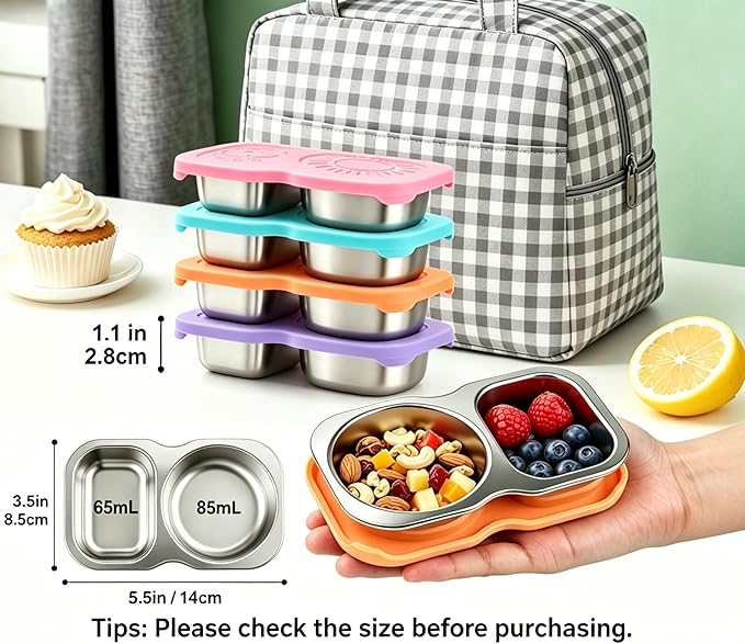 4-Pack Stainless Steel Snack Containers with Lid, Salad Dressing Container To Go, 5.3Oz 2-Compartment Small Condiment Container with Leak Proof Silicone Lid, Perfect Size Reusable Sauce Cup Snack Box