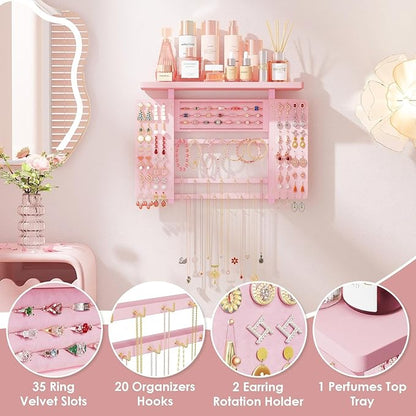 Emfogo Jewelry Organizer Hanging Wall Mounted Jewelry Holder, 5-in-1 Large Capacity Wood Necklace Organizer Wall Display for Ring, Necklaces, Bracelets, Earrings (Pink)
