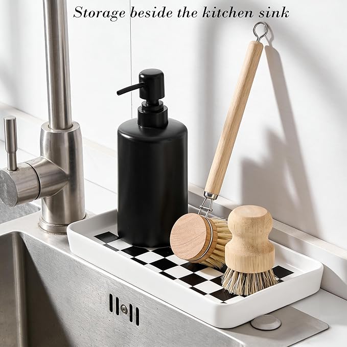 Texture Checkered Surface 10"×6"×1" Bathroom Vanity Tray for Countertop- Ceramic Decorative Organizer Tray for Dresser Top, Toilet, Perfume, Sponge Holder Soap Dish Dispenser for Kitchen Counter