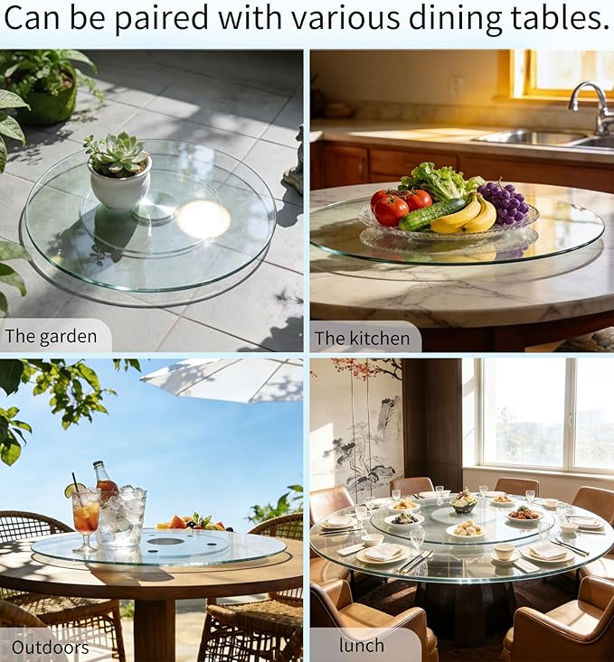 40" Glass Lazy Susan for Dining Table, Glass Turntable Table Centerpiece with 6 Rotating Wheels, 360° Smooth and Silent Spin Tabletop Rotating Tray, for Family Gatherings, Banquets, Weddings, 102 cm