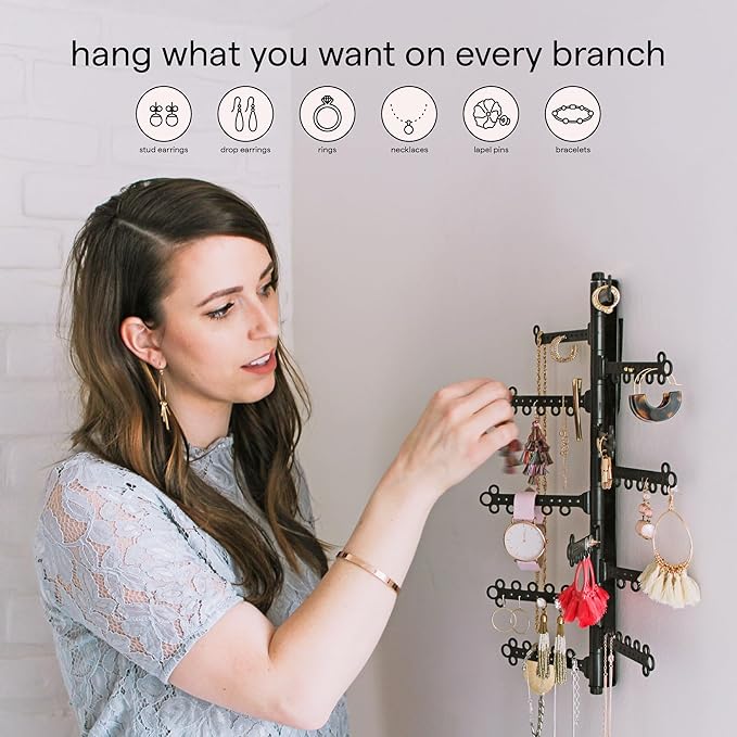 AllHungUp 12-Tier Wall Jewelry Organizer Wall Mounted Jewelry Organizer Necklace Holder Wall Mount Hanging Necklace Organizer Jewelry Hanger Wall Mounted Earring Holder Display Earring Organizer Black
