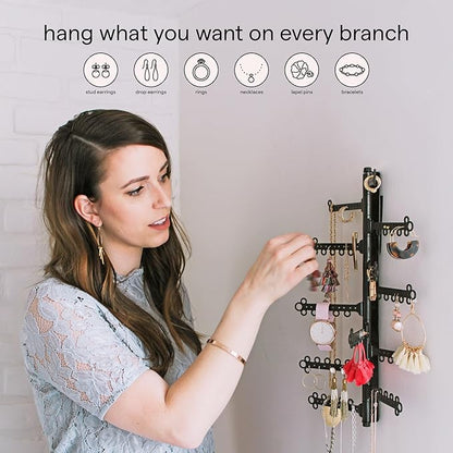 AllHungUp 12-Tier Wall Jewelry Organizer Wall Mounted Jewelry Organizer Necklace Holder Wall Mount Hanging Necklace Organizer Jewelry Hanger Wall Mounted Earring Holder Display Earring Organizer Black