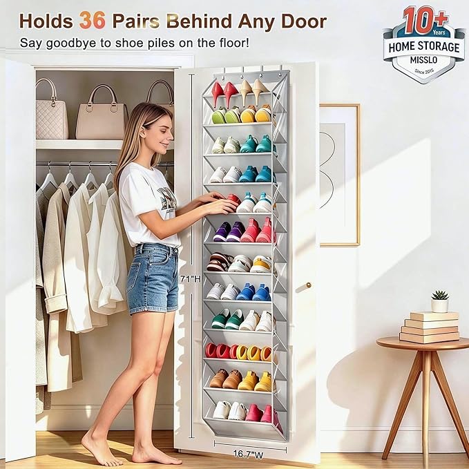 MISSLO 36 Pairs Clear Over the Door Shoe Organizer Closet Hanging Shoe Rack for Door with Large Deep Pockets Shoes Hanger Holder for Sneakers, Boots, Heels Storage (Grey)