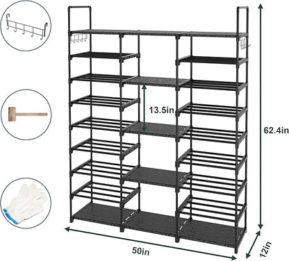 Caitlyn 9 Tier Large Shoe Rack Organizer, Holds 50-55 Pair Shoe Boots, Metal Shoe Shelf Storage Organizer, with Side Hooks Shoe Tower for Entryway Garage Living Room