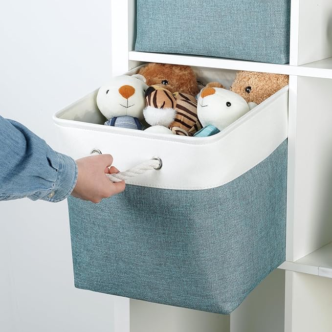 Temary Cube Bins 4 Pack Large Storage Cube Storage Baskets 13x13x13 Storage Cube Bins for Shelves with Handles, Fabric Storage Cubes for Gifts Empty (White&Dark Green)