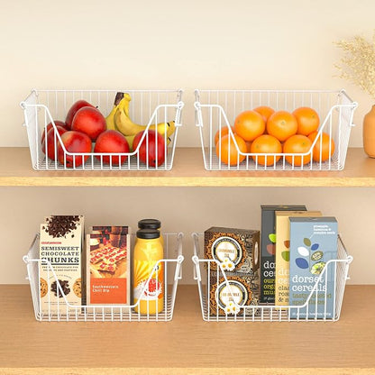 Slideep 14" Large Bin Baskets Stacking Baskets Sturdy Metal Wire Storage Baskets Organization with Handles for Pantry, Kitchen, Closets, Bathroom, Cabinets, Kitchen,White, Set of 3