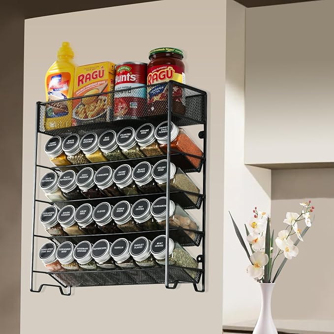Skiileor Spice Rack Organizer with 28 Empty Spice Jars,Spice Labels,Chalk pen and Funnel Complete Set,Space-Saving for Countertop, Cabinet or Wall Mount