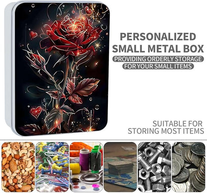 Metal Tin Box Sturdy Metal Storage Box with Lid, Large Container Holder for TCG Cards,Car Keys,Cookies,Tin Containers for Gift,5.0x3.7x1.6 Inch,Exquisite Pattern Design(Darkness Roses)