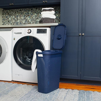 Mind Reader Slim Laundry Hamper with Lid, 40L Clothes Basket, Narrow Tapered Design with Ventilated Cutout Pattern, Plastic, Navy