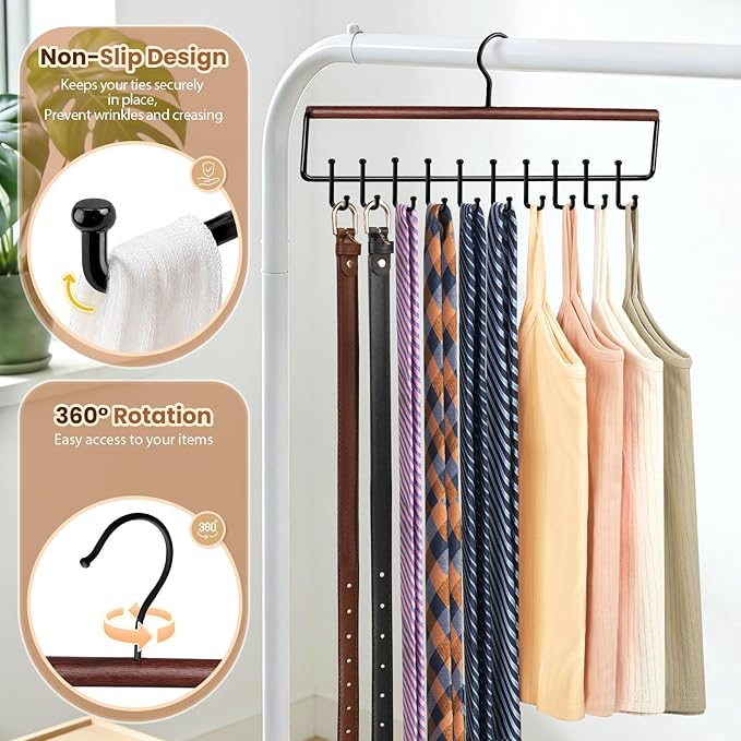 Tie Rack Hanger for Closet Upgraded 2-in-1 Tie and Belt Hanger Non Slip Tie Rack with 20 Hooks Tie Hanger Space Saving Wooden Belt Tie Organizer for Tank Tops Bras Cami Scarves, Walnut Color