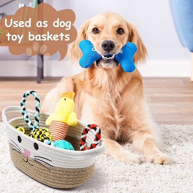 Small Woven Baskets for Organizing with Handle Cute Cotton Basket for Nursery Gift Dog Cat Toy Storage Basket for Toy Organizer-Brown