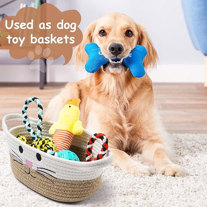 Small Woven Baskets for Organizing with Handle Cute Cotton Basket for Nursery Gift Dog Cat Toy Storage Basket for Toy Organizer-Brown