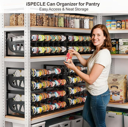 iSPECLE Expandable Can Organizer for Pantry, 2 Pack Large Capacity 120 Cans Can Storage Organizer Pantry Rack, Auto Rolling Dispenser & Stackable Wire Holder for Deep Pantry Shelves, Black