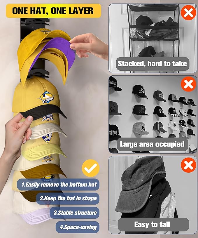 Hat Organizer for Baseball Caps 2 Pack, Hat Rack for Wall Hold up to 20 Hats with Strong Adhensive, Hats Holder Hanger Space Saving for Displlay, Cap Organizer Storage Multilayer(Black)
