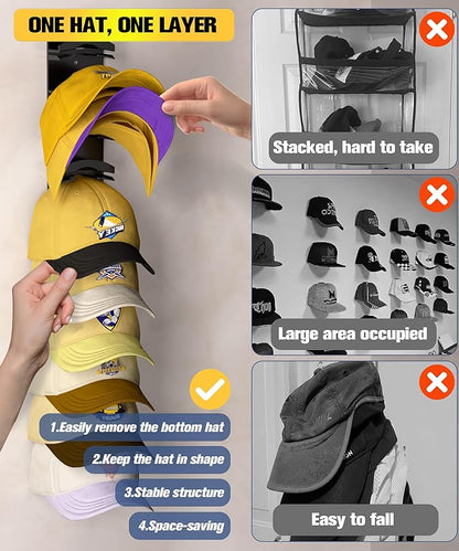 Hat Organizer for Baseball Caps 2 Pack, Hat Rack for Wall Hold up to 20 Hats with Strong Adhensive, Hats Holder Hanger Space Saving for Displlay, Cap Organizer Storage Multilayer(Black)