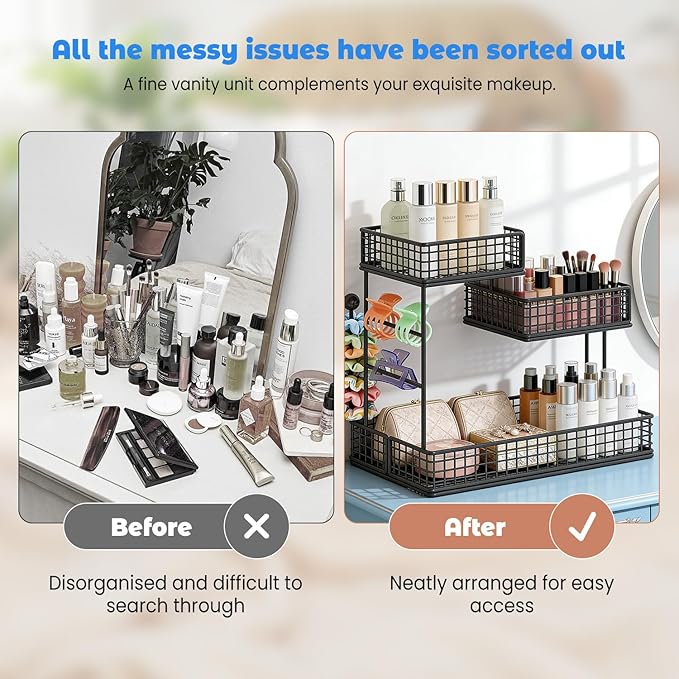 AMANKA 3-Tier Metal Cosmetic Organizer,Cosmetic storage rack for vanity tables,Multipurpose Metal Bathroom Organizers and Storage, Use Countertop Organizer for perfume/makeup/Vegetables (BLACK 2)