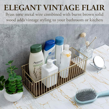 MyGift Modern Brass-Tone Metal Wire Toilet Paper Holder Basket with Rustic Burnt Solid Wood Base, Toilet Tank Topper Organizer Tray Bathroom Sink Counter Toiletries Storage