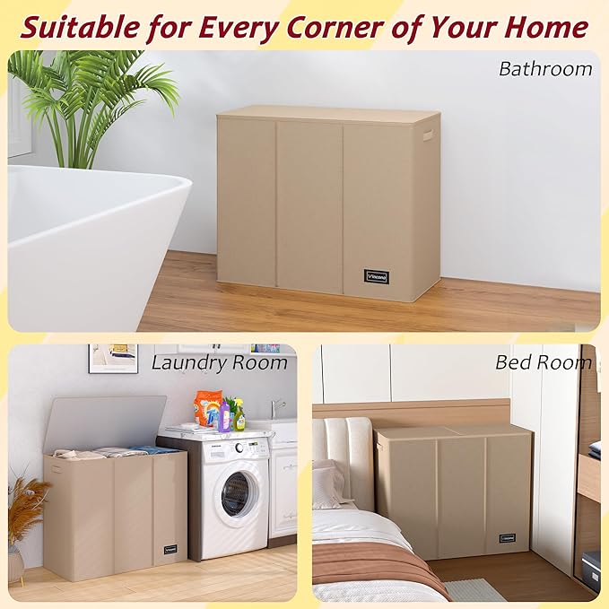 195L Laundry Hamper 3 Section,Large Laundry Hamper with Lid,Dirty Clothes Hamper with 3 Inner Bags,Collapsible Laundry Basket Organizer for Laundry Room,Bedroom,Laundry Sorter Hamper 3 Compartment
