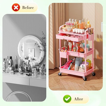 SUNALLY Makeup Cart Organizer with Drawers, Floor Skincare Organizers Vanity Storage Organizer, Rolling Makeup Bathroom Storage Cart Cosmetics Display Cases for Skin Care Perfume Nail Polish, Pink