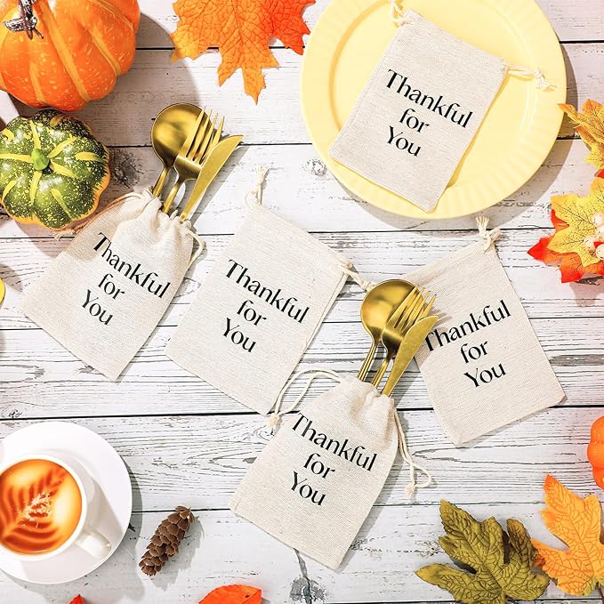 48 Pcs Thanksgiving Utensil Holders Rustic Farmhouse Canvas Linen Cutlery Bags 4 x 6 Inches Thankful for You Silverware Holders for Thanksgiving Autumn Fall Table Decor Party Favor