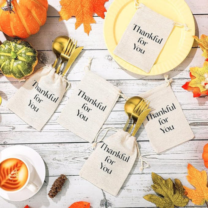 48 Pcs Thanksgiving Utensil Holders Rustic Farmhouse Canvas Linen Cutlery Bags 4 x 6 Inches Thankful for You Silverware Holders for Thanksgiving Autumn Fall Table Decor Party Favor