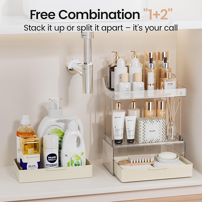 Delamu Bathroom Organizers and Storage, 2 Tier 2 Drawer Makeup Organizer Countertop, Easy to Install, Ideal for Bathroom Counter, Vanity, Ideal Gifts for Women Girls, Cream White