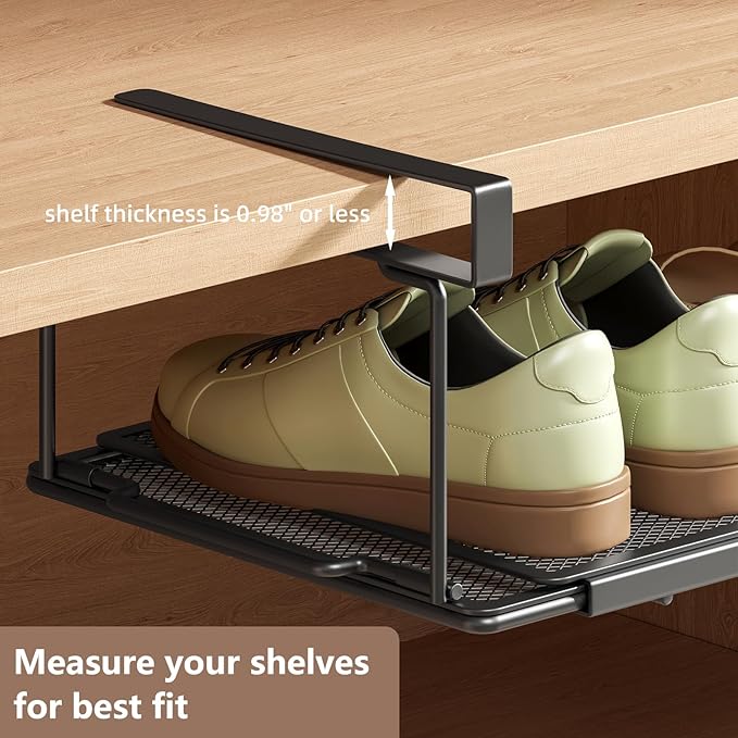 Expandable Under-Shelf Shoe Rack for Closet(1-Pack) - Adjustable Under Shelf Storage Organizer, No-Tool Installation Sturdy Metal Hanging Shelves for Sneakers, Flats & Casual Shoes(Black)