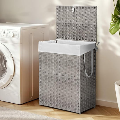 DUMOS Woven Laundry Basket with Lid, 90L Large Capacity Hamper, Removable & Machine-Washable Liner, Foldable Rattan Clothes Hamper, Sturdy Steel Frame, Odor Control, Dove Gray