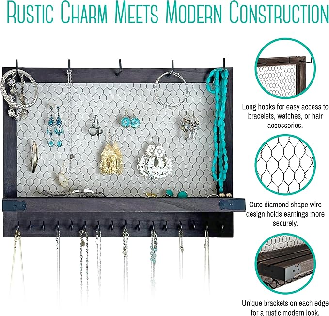 OUTSHINE Large Farmhouse Wall Jewelry Organizer (Espresso) | Wall Organizer For Earrings, Necklace, Bracelet, Hair Accessories | Chicken Wire Earring Holder | For Women, Wife, Mom, Girlfriend