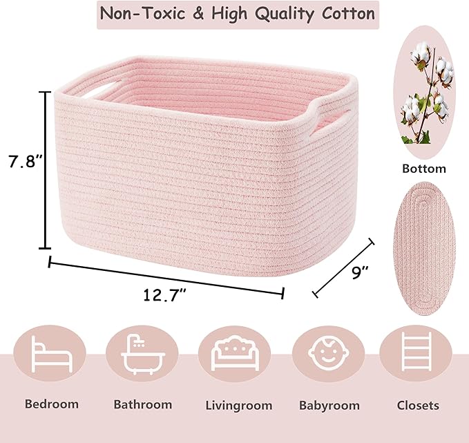 Set of 4 Pink Rope Basket for Shelves Woven Rectangle Storage Basket Bins for Nursery Toy Storage for Baby Girl