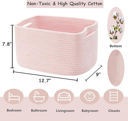 Set of 4 Pink Rope Basket for Shelves Woven Rectangle Storage Basket Bins for Nursery Toy Storage for Baby Girl
