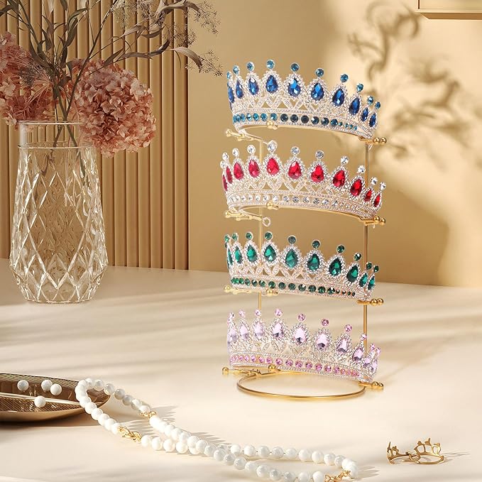 CALLARON Crown Display Stand, Jewelry Organizer Stand 4-Layer, Metal Necklace Display Holder, Vintage Headband Display, Gold Headdress Storage Rack Display for Crown Hairband Necklace Jewelry
